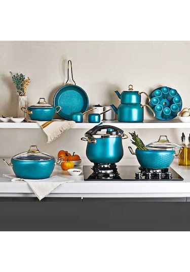 OMS 3519 Cam Kapaklı 16 Parça Granit Çeyiz Tencere Seti Mentol Ye