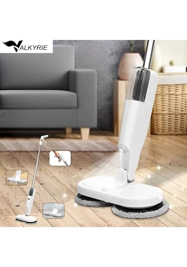 Valkyrie Şarjlı Su Püskürtmeli Elektrikli Mop Çift Döner Başlık, Mikrofiber Ped, 2000 Mah, Tüm Zeminlerde Etkili Beyaz