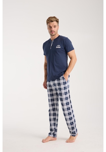 Akbeniz Erkek Lacivert Düğmeli Yaka Kısa Kol Pijama Takımı