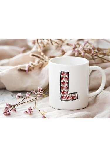 L Harfi Aşk Temalı Kupa - Kalp Desenli Kişiye Özel Romantik Sevgililer Günü Kahve Kupası Beyaz