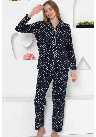 Alimer Kadın Lacivert Kalpli Gömlek Yaka Pijama Takım Edy2764uk-l Lacivert
