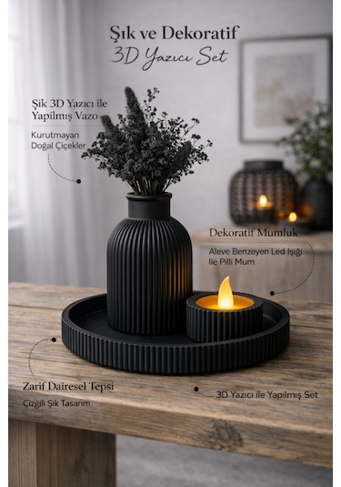 3d Baskı Dekoratif Vazo Mumluk Tepsi Seti Modern Ev Dekoru