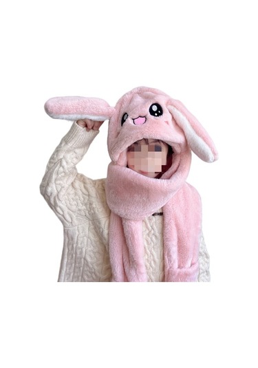 Kulakları Hareket Ettiren Tavşan Atkı Eldiven Peluş Şapka Xmx4Zb Bebe Pembe