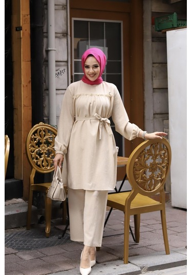 Fırfır Detaylı Tesettür Bej Takım Bej