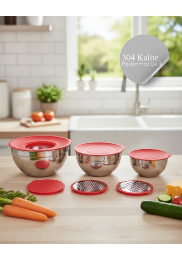 Luna 9 Parça Saklama Ve Karıştırma Kabı Rendeli Kırmızı Kapaklı Metalik