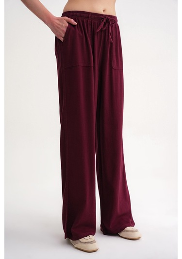 4629 Kadın Bol Paça Yüksek Bel Viskon Palazzo Pantolon Bordo Bordo