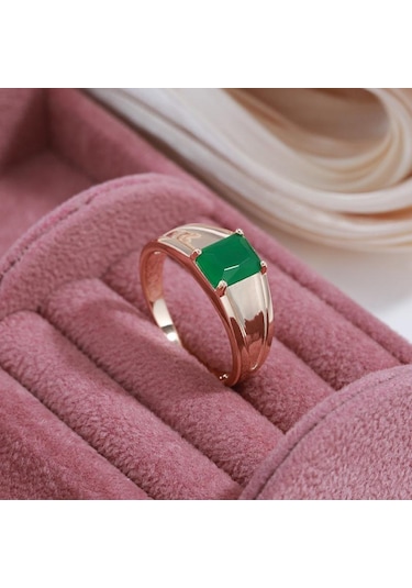 Kinel Kare Koyu Yeşil Opal Zirkon Kadın Yüzük 8 Rose Gold