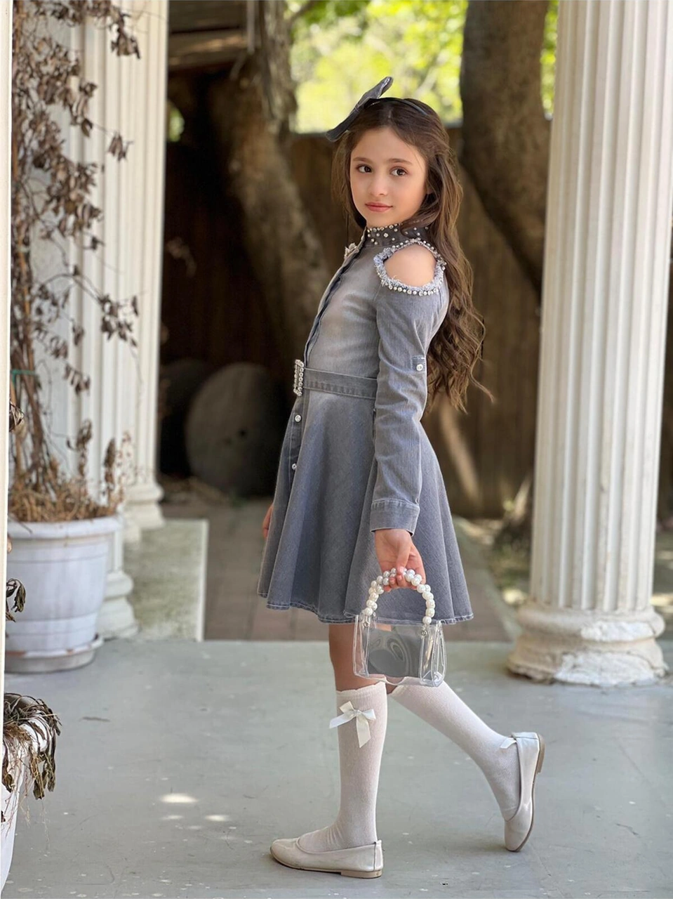 Çocuk Omuz Taşlı Püsküllü Kız Çocuk 5 Parça Kot Elbise Gri