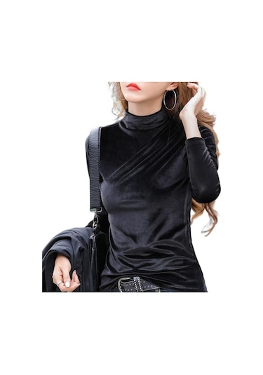 Siyah Temel Üst Esnek Soğuk Geçirmez Anti-boncuklanma Kadın Kadife Saf Renk Dip Gömlek Streetwear Siyah