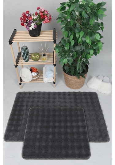 Modern Bubble Yıkanabilir Kaymaz Peluş Banyo Paspası Halısı 2li Klozet Takımı 60x100-50x60cm Antrasit
