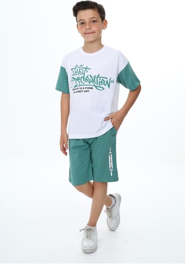Erkek Çocuk Kısa Kollu Yazı Baskılı Şortlu Takım-5887-Yeşil