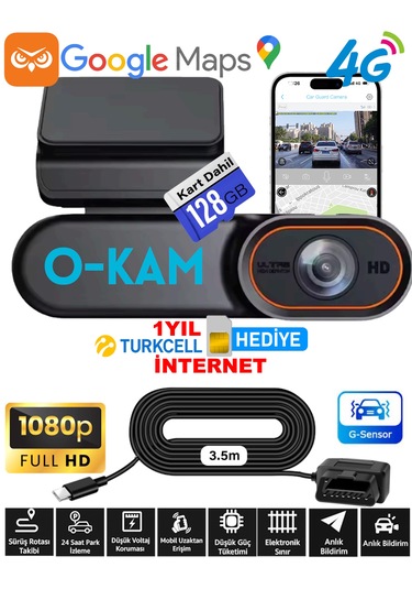 O-kam 128gb Araç Içi Kamera Uzaktan Araç Kamerasını İzleme 1080p Kamera Gps +1 Yıl 4g İnternet