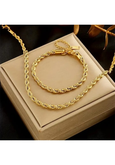 Gns Aksesuar Gold Burgu Model Çelik Kararmaz Zincir Kolye Ve Bileklik Set 3mm Gold