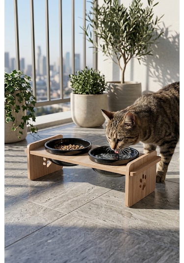 Ahşap Standlı Seramik Kaseli Kedi-köpek Mama Ve Su Kabı