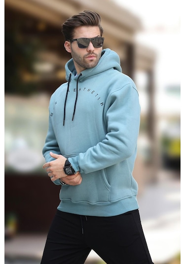 Madmext Mavi Kapüşonlu Cep Detaylı Nakışlı Erkek Sweatshirt 7054-mavi Mavi