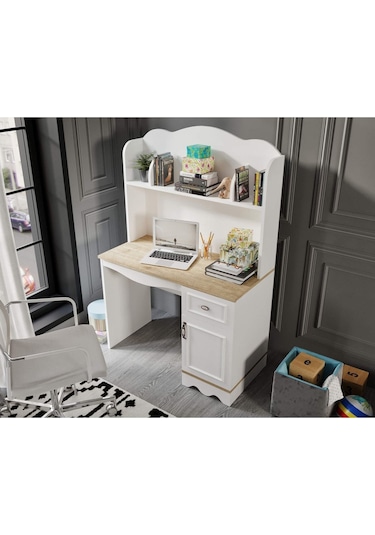 Baby Darling %100 Mdf Lisa Çalışma Bilgisayar Masası Meşe Beyaz Üst Ünite Dahil Beyaz