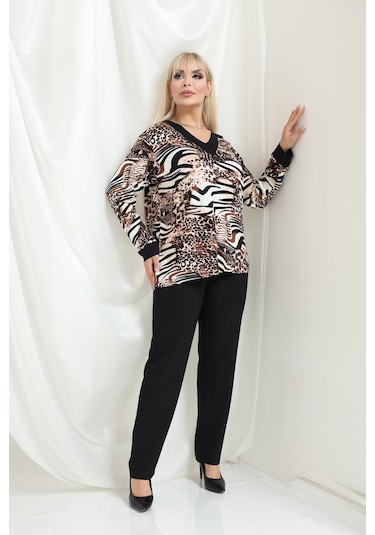 Bambu Viskon V Yaka Uzun Kollu Bluz Rahat Kalıp, Büyük Beden Xl 6xl Zebra