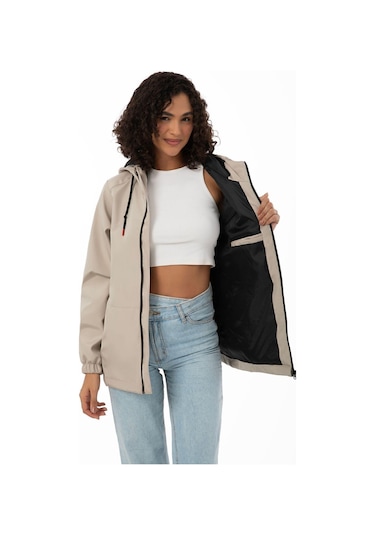 Kadın Astarlı Su Geçirmez Ve Rüzgara Dayanıklı Kapüşonlu İç Cepli Mevsimlik Yağmurluk Taş