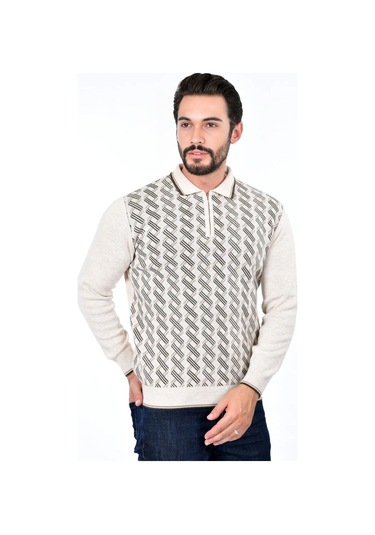 Kamalı Erkek Çelik Örgü Gömlek Yaka Fermuarlı Polo Yakalı Çizgili Desen Tüylenmeyen Triko Kışlık Baba Kazak Taş