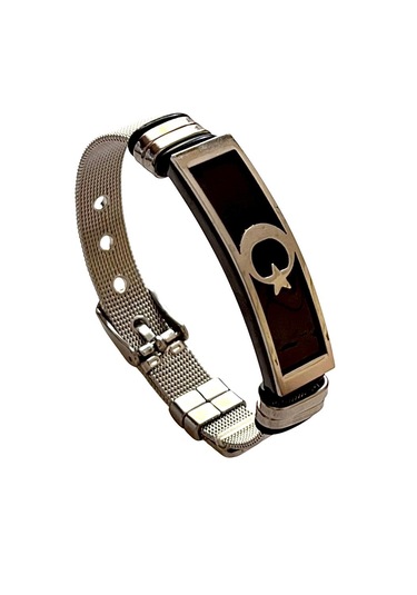 Ay Yıldız Hasır Kemer Kordon Çelik Erkek Bileklik 21cm Gümüş - Siyah