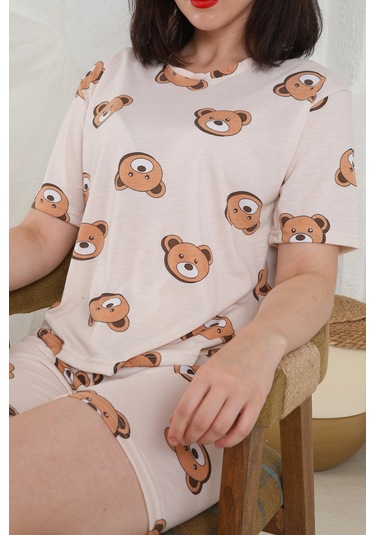 Fames Pijama Yazlık Desenli Loose Crop Şortlu Pijama Takım Krem