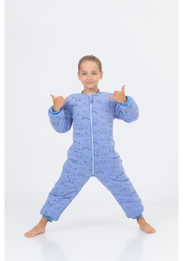 Kız Erkek Çocuk Kalın Elyaf Dolgulu Premium Kalite 2.5 Tog Desenli Uyku Tulumu Mavi Melanj
