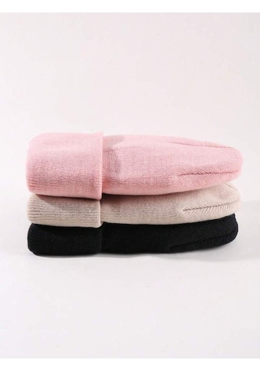 Eke Tekstil Unisex Katlamalı 3'lü Bere Seti Pembe - Siyah - Taş