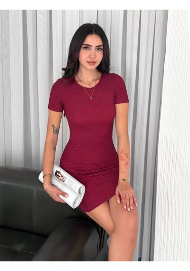 Kadın Bisiklet Yaka Kısa Kol Likralı Elbise - Bordo Bordo