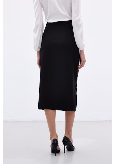 Sateen Düğme Detaylı Kalem Etek - Siyah-136776 Siyah