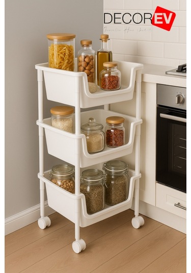 3 Katlı Tekerlekli Plastik Organizer Raf Çok Amaçlı Mutfak, Banyo Ve Ofis Düzenleyici Beyaz Dc-6821 Beyaz