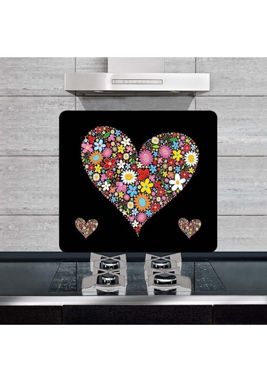 Cam Ocak Arkası Koruyucu   Siyah Kalp 50cm x 56cm