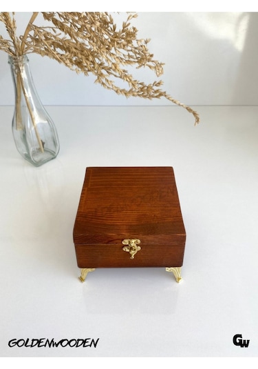 Doğal Ahşap Takı Kutusu Ahşap Saklama Kutusu Ceviz Beyaz Çam Boy:12cm En:12cm Yük:8,5cm