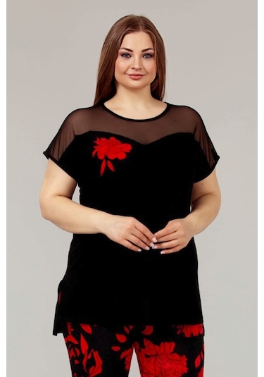 Siyah Renk Ve Çiçek Desenli Lady 10614 Kadın Büyük Beden Kapri Pi Siyah