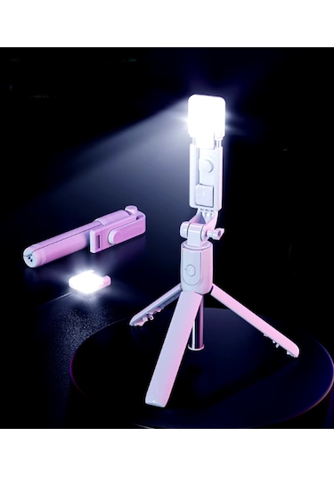 S03 Led Işıklı Tripod Bluetooth Kumandalı 3in1 Selfie - Pembe