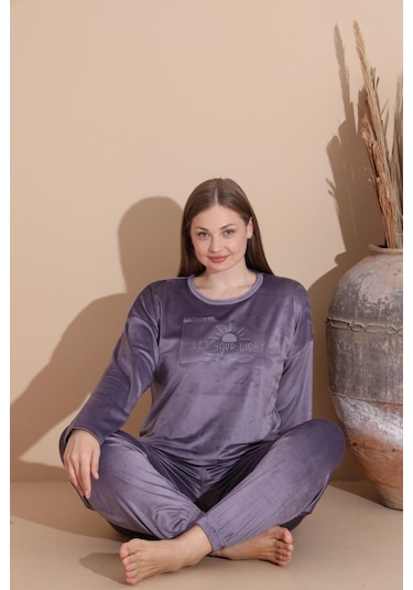 Boyraz Kadın Kışlık Fransız Kadife Büyük Beden Bisiklet Yaka Uzun Kol Pijama Takımı 03139 - 1 Adet Açık Mor