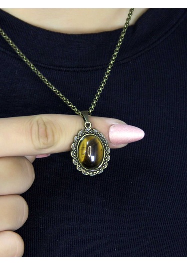 Doğal Taş Kaplangözü Doğal Taşlı Kadın Doğal Taş Otantik Kolye Euk27kg Kahverengi