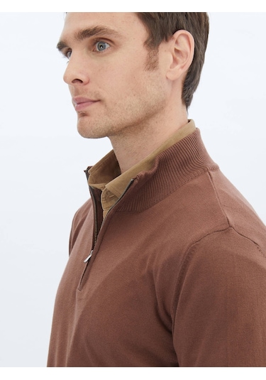 Kip Kahverengi Yarım Balıkçı Yaka Desenli Pamuk Karışımlı Triko Çok Renkli