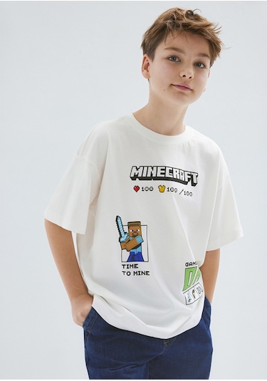Mavi - Minecraft Baskılı Ekru Tişört 6610479-70057