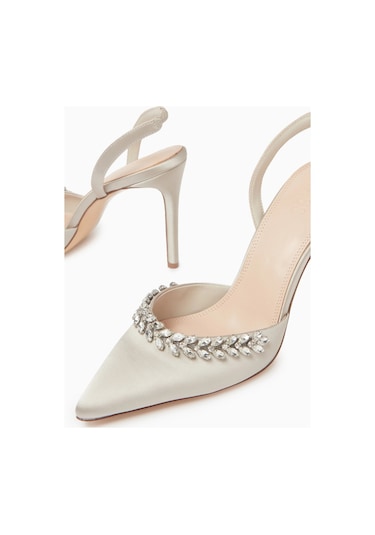 Nass Sandra 100 Kristal Işlemeli Saten Slingback Stiletto, Şık Ve Zarif Gri