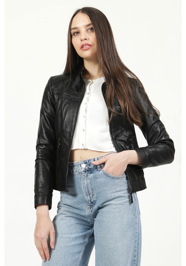 Dericlub Siena Kadın Slim Fit Hakiki Deri Mont Siyah Null Siyah