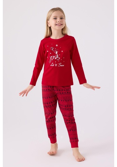Arnetta 3106 Let İt Snow Kız Çocuk Kırmızı Uzun Kol Pijama Takım Kırmızı