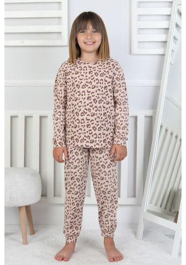 Minik Uyku Avcısı - Vahşi Rahatlık Serisi Leopar Desenli Kız Çocuk Pijama Takımı Kahverengi