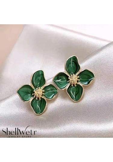 Magnolia Çiçekli Küpe Sevgililer Günü , Annenize Verilecek En Güzel Hediye Altın - Yeşil