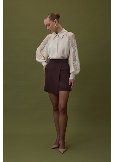Sateen Talia Şort Etek - Kahve-137062 Kahve