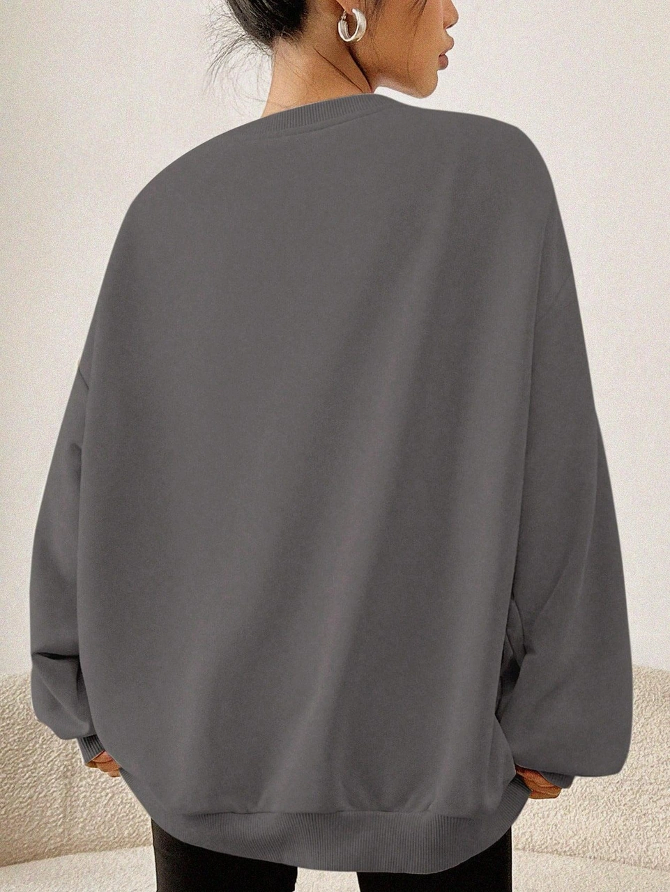 Füme Oversize Geniş Kalıp 3 İplik Şardonlu Sweatshirt Bisiklet Yaka Kedili Baskılı Kalın Sweat Füme