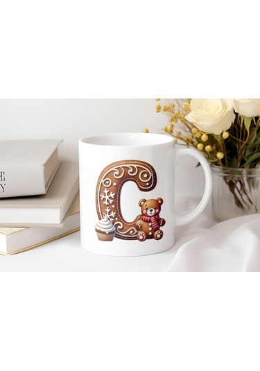 C Kurabiye Harf Ve Ayıcık Detaylı Kupa Bardak - Yeni Yıl / Yılbaşı Temalı Tasarım - Noel Hediye Beyaz