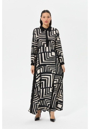 Geometrik Desenli Siyah-bej Vual Elbise Siyah Siyah