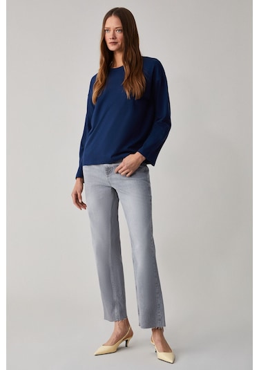 GRIMELANGE Basıl Kadını Oversize %100 Organik Pamuk Örme Uzun Kol Lacivert T-shirt Lacivert