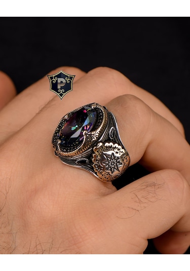 Prestij Gümüş 925 Ayar Gümüş Mistik Topaz Taşlı Zirkon Taş Süslemeli Erkek Yüzüğü