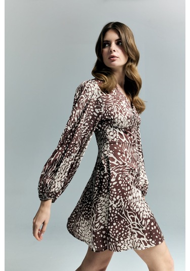 Desenli Mini Elbise - Kahve-137220